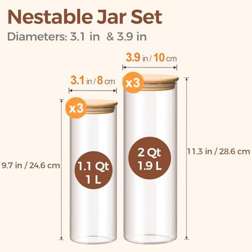ComSaf Pasta Containers Storage 2 Qt/1.1Qt, 6 Pack Tall Glass Spaghetti Jar | Glass Storage Containers with Lids, Kitchen Canisters,Pantry Pasta Holder, Noodles, Cereal, Oats, Dry Food Storage, BPA Free