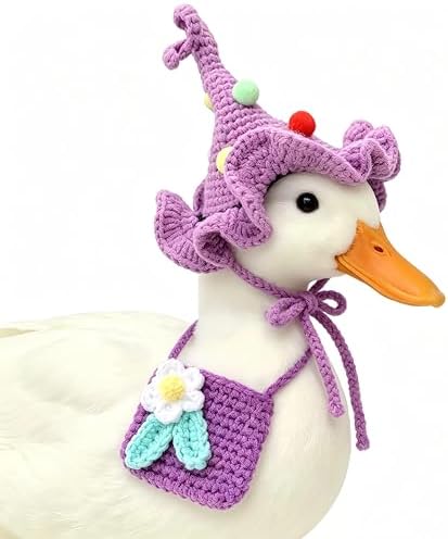 Handmade Crochet Hat & Bib Set for Call Duck - Soft Adjustable Knit Outfit with Flower Decoration, Cute Clothes for Pet Duck, Photo Prop & Daily Wear, Purple