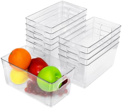 10 Pcs Clear Plastic Storage Bins,Pantry Organizer Bins | Storage Containers with Handles Stackable for Kitchen Freezer Cabinet Closet Bathroom Under Sink,9'' L x 5''W x 4.3''H