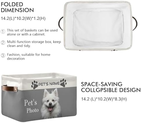 Customized Pet's Name and Photo Storage Basket Dog Storage Box with Leather Handles for Home Bedroom, Foldable Decorative Organizers Box, 2PCs