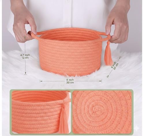 Small Gift Basket Empty to Fill with Gifts Bag & Ribbon, Orange | Cute Decorative Mini Woven Rope Basket with Handles for Gifting; Reusable for Bathroom Counter or Desk Catchall, 8 x 4.7 in