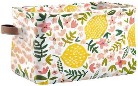 susiyo Large Foldable Storage Bin Beautiful Floral Lemon Fabric Storage Baskets Collapsible Decorative Baskets Organizing Basket Bin with PU Handles for Shelves Home Closet Bedroom Living Room-1Pack