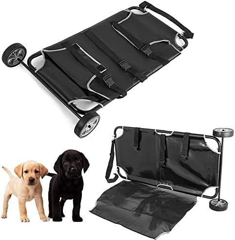 Black Animal Stretcher with Safety Belt and Wheels, Max Loading 110lbs Pet Trolley Veterinary Transport Stretcher, 45x26 Inch Pet Transport Trolley Animal Gurney Carrier for Animal Dog Cat (Foldable)