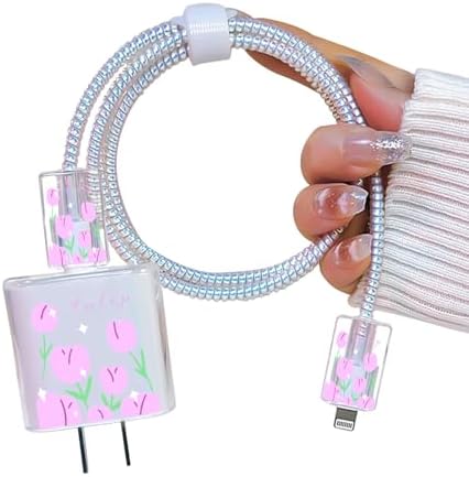 Cute DIY Cable Protector for iPhone Adapter Charger with Purple Tulips Flowers Design, Soft TPU Clear Cord Wire Saver Data Line Cable Case Charger Protector for iPhone 11 12 13 14 15 Pro Max