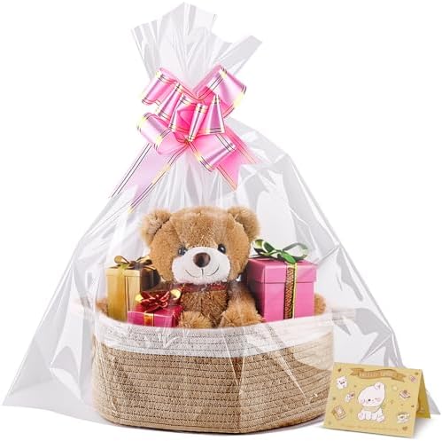 Small Woven Basket, 12" x 8" x 5" Gift Basket Empty with Ribbon and Gift Bag, Rope Basket for Baby Shower, Holiday Presents,Storage Basket with Handle for Nursery,Pet Toy Basket (White-Kaki)