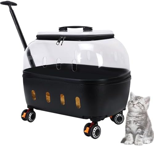 Portable Pet Carrier with Wheels, 360°Clear Window Pet Trolley Case with Ventilation Holes, Portable Breathable for Travel/Hiking/Outdoor/Walking Black