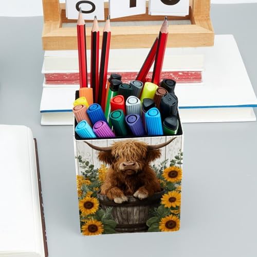 Highland Cow Pen Holder for Desk Decor, Rectangular PVC Leather Pencil Cup for Desk Pen Organizer, Makeup Brush Holder for School, Home, Office