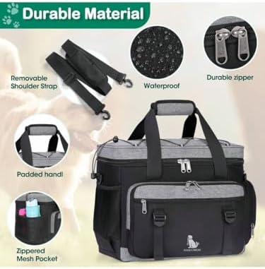 Premium Large Dog Travel Bag Weekend Pet Supplies Organizer Kit with 2 Extra Large Food Containers 2 Collapsible Bowls 1 Feeding Mat Multi Pocket (Black)