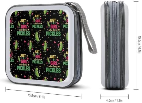 40 Capacity CD Case Holder Pickles Disc Wallet Organizer Binder | Portable Zipper DVD Storage with Strap for Car Office Home Travel, Hard Plastic, Just A Girl Who Loves Pickles