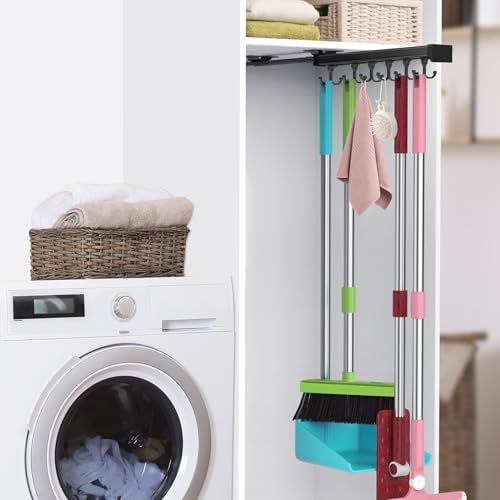 Pull Out Broom Holder With Adjustable Double Row Sliding Hook-Black 14.2IN | Multifunctional Slide Broom And Mop Storage/Organizer Garage Organization Hooks, for Closet Laundry Garage Kitchen