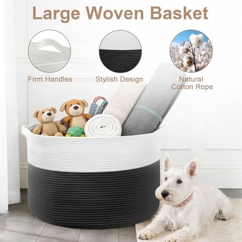105L Large Blanket Basket Storage with Handles - White & Black
