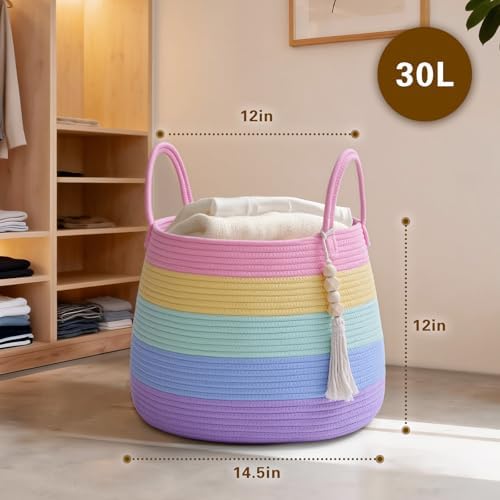 Large Nursery Hamper, 30L Blanket Basket with Handle, Baby Laundry Basket for Gift, Toy, Clothes, Woven Storage Basket with Wooden Bead Decor, Baby Hamper for Nursery (Black&Brown)