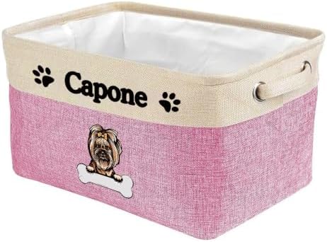 Personalized Fabric Dog Toy Storage Basket with Lovely Dog Yorkie Collapsible Sturdy Fabric Bone Pet Toys Storage Bin Cube with Handles for Organizing, Pink and White