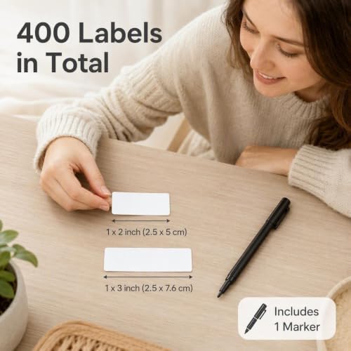 Waterproof Removable White Labels 1×2" & 1×3" for Freezer Organization | 400PCS set with Marker, Write-On Blank Home Organizing Labels for Food Containers Jars Bottles. Water/Oil/Tear Resistant
