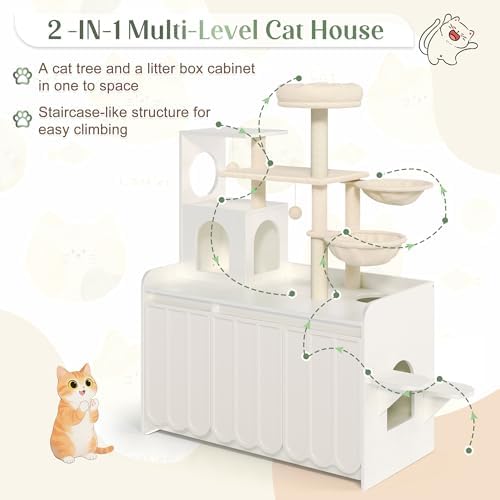50.6 Inch Cat Tree with Litter Box Enclosure and Storage, White | Hidden Litter Box Cabinet with Multi-Level Platforms, Dual Hammocks, Sisal Scratching Posts, Condo and Top Perch for Play