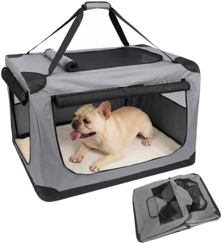 Soft Dog Crate for Large Dogs - Collapsible 3-Door Portable Travel Kennel with Washable 600D Cover, Fleece Bed, Metal Frame, Safety Zippers - L Size