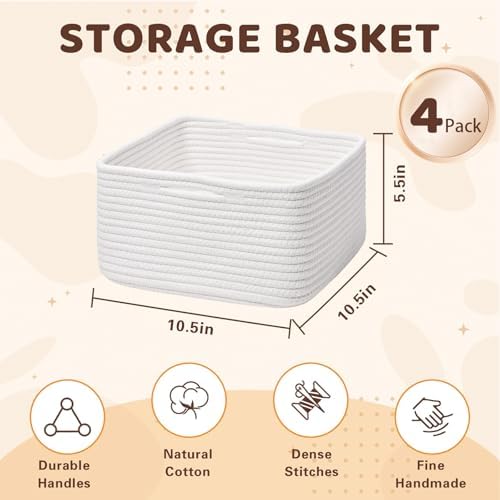 Storage Baskets for Shelves, 4 Pack Shallow Basket