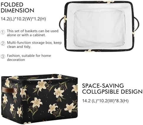 Kigai Lily Flower Storage Basket with Handles Waterproof Collapsible Storage Bin Canvas Fabric Basket Decorative Box Closet Organizer for Nursery Bedroom Office