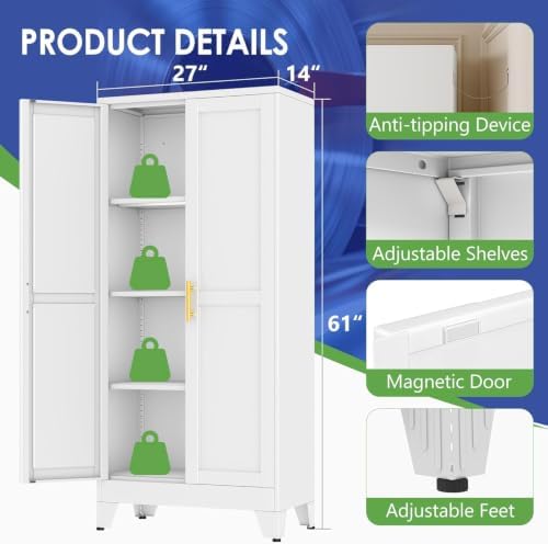 61" Metal Garage Storage Cabinet with 2 Doors and 3 Adjustable Shelves,Metal Storage Cabinets,Steel Tool Cabinets for Home,Office,Garage,Warehouse(White, 61''H x 27''W x 14''D)