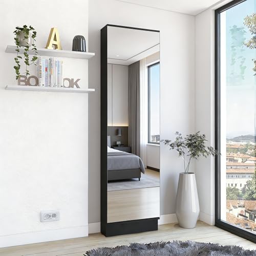 Shoe Cabinet with Mirror Modern Black Mirrored Shoe Storage Cabinet 67" Tall 5-Tier Shelves Narrow Shoe Storage Cabinet for Entryway Space Saving Furniture (Floor-Standing, Black)