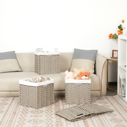 Bidtakay Wicker Storage Baskets for Organizing 4-Pack Hand-Woven Imitation Wicker Cube Storage Bins with Liners for Shelves Closet Cabinet 11x11 Waterproof Cube Organizer for Pantry-Greyish Beige