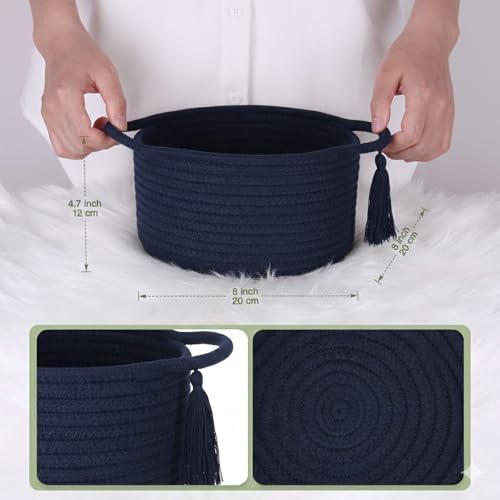 Small Gift Basket Empty to Fill with Gift Bag & Ribbon, Navy Blue | Cute Decorative Mini Woven Rope Basket with Handles for Gifting; Reusable for Bathroom Counter or Desk Catchall, 8 x 4.7 in
