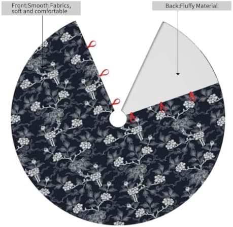Christmas Tree Skirt, Soft Polyester Xmas Tree Skirts with Ribbon Ties, Rustic Farmhouse Holiday Party Decorations Indigo Dye Seamless Stencil Pattern 48"