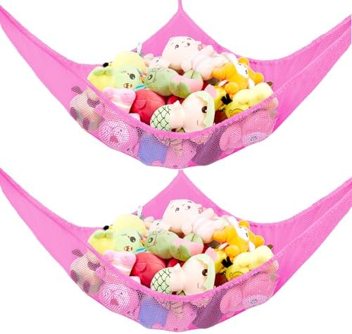 Stuffed Animal Hammock, Stuffed Animal Toy Net Hammock Wall Sling Corner Extra Large Mesh Plush Net Organizer (Pink 2 Pack, 70 inch)