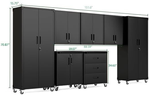 Garage Cabinet System | Heavy Duty Steel All-in-One Modular Garage Cabinet Set for Ultimate Workshop Organization | Easy Assembly Garage Storage Cabinets & Tool Bench