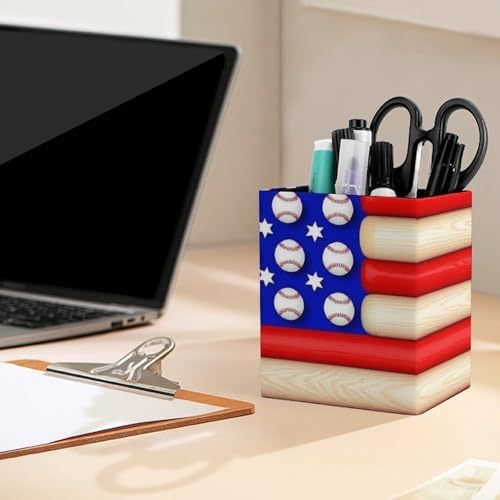 Fashion Leather Pen Holder Desktop Stationery Organizer Makeup Brush Cup American Flag Baseball Bats And Balls