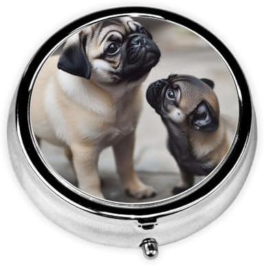 Pill Box 3 Compartment Medicine Pill Case for Pocket or Purse Mini Metal Pillcase Cute Pet Pug Pill Holder Vitamin Organizer Portable Travel Pills Container to Hold Supplements Vitamins