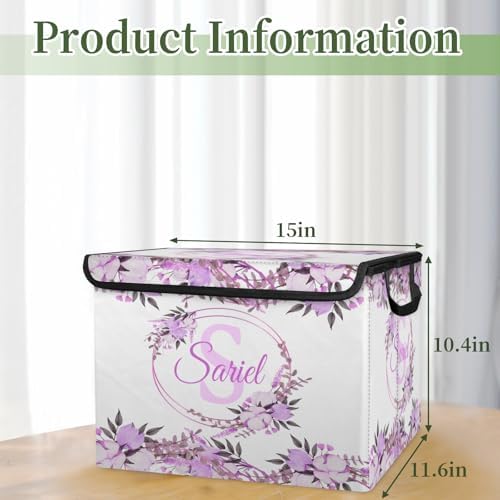 Purple Flower Storage Bin with Lid Personalized Storage Baskets for Organizing Foldable Closet Organizers with Handles,Cute Basket for Boys Girls for Clothes Blanket Pet Dog Toy Basket Storage 1 Pack