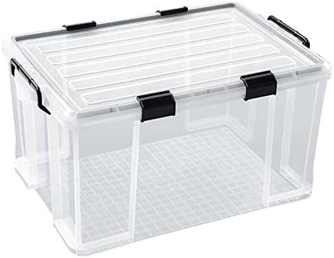 3-Pack Waterproof Plastic Storage Box, 90QT/85L Stackable Latch Box Durable Multi-Purpose Locking Bin with Lid and Black Clips for Bedding, Toys, Shoes and Clothes