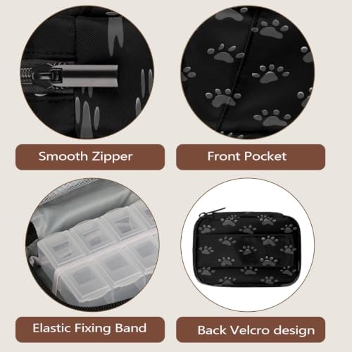 Travel Pill Organizer Black Dog Paw Prints Small Pill Case