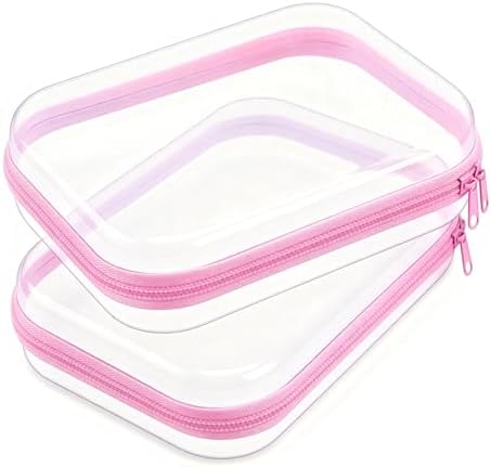 2 Pack Pink Clear Hard Shell Zipper Case, 8.86" x 6.38", Zipper Pouch