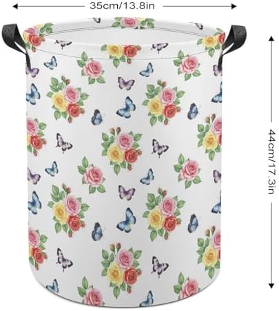 Large Laundry Basket with Handles Flower Shabby Chic Roses Buds Leaves Tulips Floral Butterfly, Collapsible Waterproof Hamper for Clothes, Toys, and Towel Organization at Home