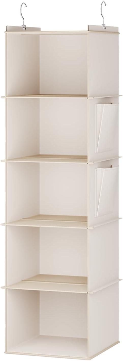 YOUDENOVA Hanging Closet Organizer and Storage for Clothes, 5-Shelf, Beige | Locker/RV/Camper Organizer, 2 Side Pockets, Hanging Shelves for Small Closet, Dorm Room Essentials for Guys, Non-woven Fabric