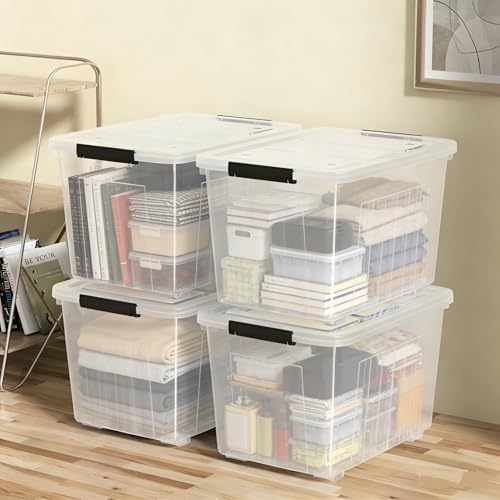 50L Stackable Storage Bin with Lid, Plastic Container with Heavy Duty Latches to Organize, Clear, 4-Pack