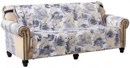 Brilliant Sunshine Blue Toile Couch Cover, Quilted X-Large Sofa Slipcover, 78" Seat Width, Slip Resistant Furniture Protector, 2" Strap, Washable Couch Cover for Pets, Kids, Dogs, Cats, Blue Beige | Quilted Sofa Cover, Living Room & Bedroom Furniture P...