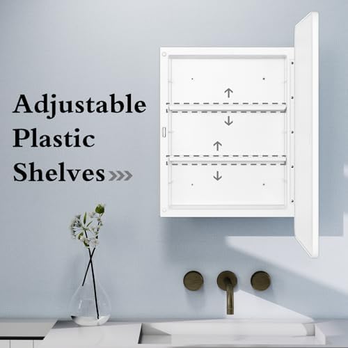 White 16x24 Bath Medicine Cabinet, Mirror Door, Recessed/Surface Wall Mount | White Mirrored Medicine Cabinet with Two Adjustable Plastic Shelves, Reversible Opening And Hardware; Arrives Pre-Assembled