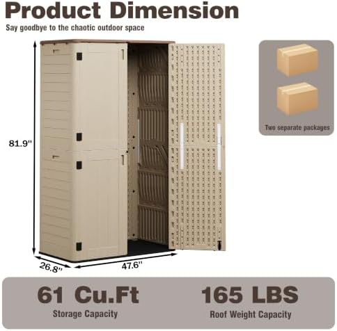 Tall Vertical Storage Cabinet with Floor & Lockable Double Doors, 61 Cuft Weather-Resistant Thickened Outdoor Resin Storage Shed for Patio, Garden and Garage, Khaki
