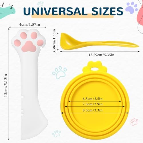 Uiifan 8 Pcs Cat Food Can Covers Lids Set, Silicone Pet Food Can Lids with Multi-Function Cat Foods Spoon and Opener, Silicone Wet Foods Spoon for Cats and Dogs(Yellow)