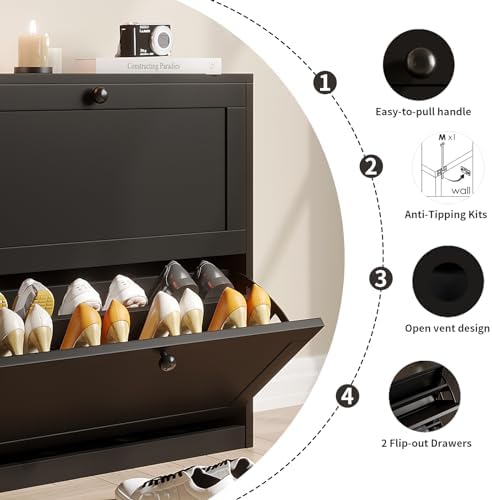 VOWNER Shoe Cabinet with 2 Flip Drawers, Freestanding Shoe Storage Cabinet with Adjustable Shelf & Anti-Tipping Device, Shoe Rack for Entryway, Hallway, Living Room (Black)