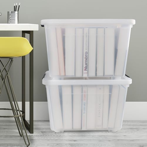 Clear Plastic Storage Bins With Wheels, 50 L, 4-Pack | Stackable Large Rolling Tote Containers, Clear Lids for Closet, Garage, Dorm, Laundry Room Organization