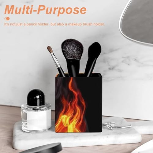 Cute Desktop Stationery Organizer Makeup Brush Cup Fire Flaming Skull Crossbones Leather Pen Holder