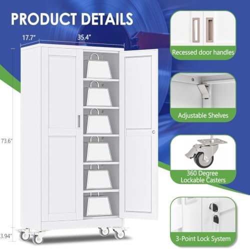 73.6" Metal Garage Storage Cabinet with Wheels and Locking Doors