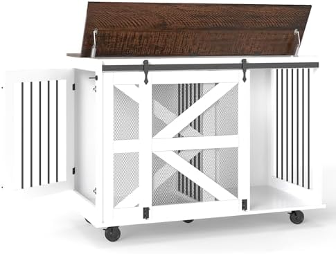 47.2" Mobile Dog Crate with Flip-Top Feeding Door, Dual-Access & 5 Casters, Removable Divider, Side Hooks - Brown White Pet Kennel Furniture