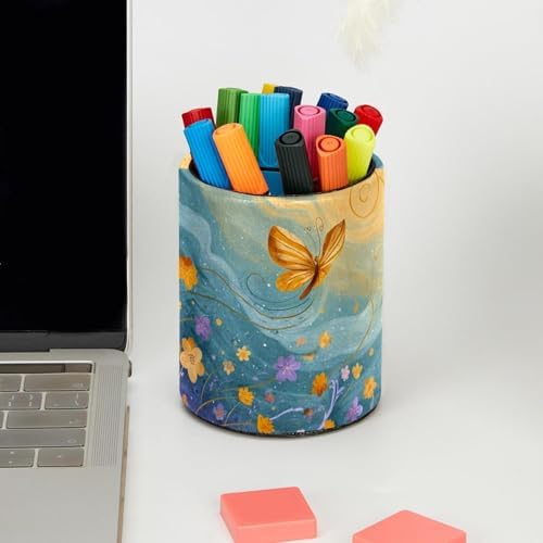 Faux Leather Pen Holder for Desk, Pencil Organizer Butterfly Pen Cup Desk Decor Makeup Brush Holder Storage for Office Home