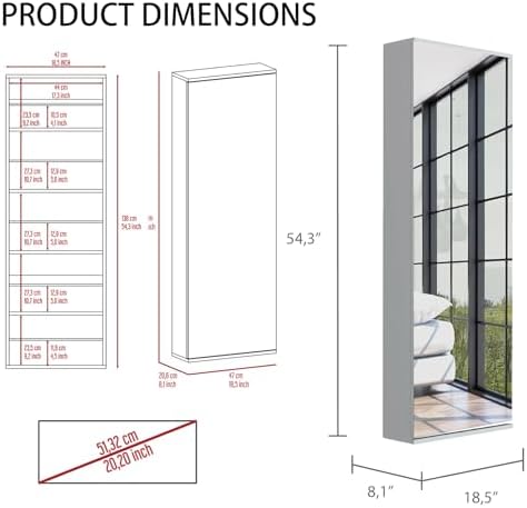 Shoe Cabinet with Mirror Modern Black Mirrored Shoe Storage Cabinet 67" Tall 5-Tier Shelves Narrow Shoe Storage Cabinet for Entryway Space Saving Furniture (Wall-Mounted, Grey)