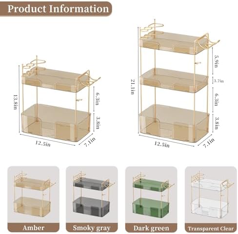 YCIA&DONE Luxury Bathroom Counter Organizer, Large Makeup Organizer Countertop, Shelf Organizer, Vanity Tray, Easily Assemble for Bathroom Organizers and Storage, Undersink, Cabinet,3 Tiers Amber